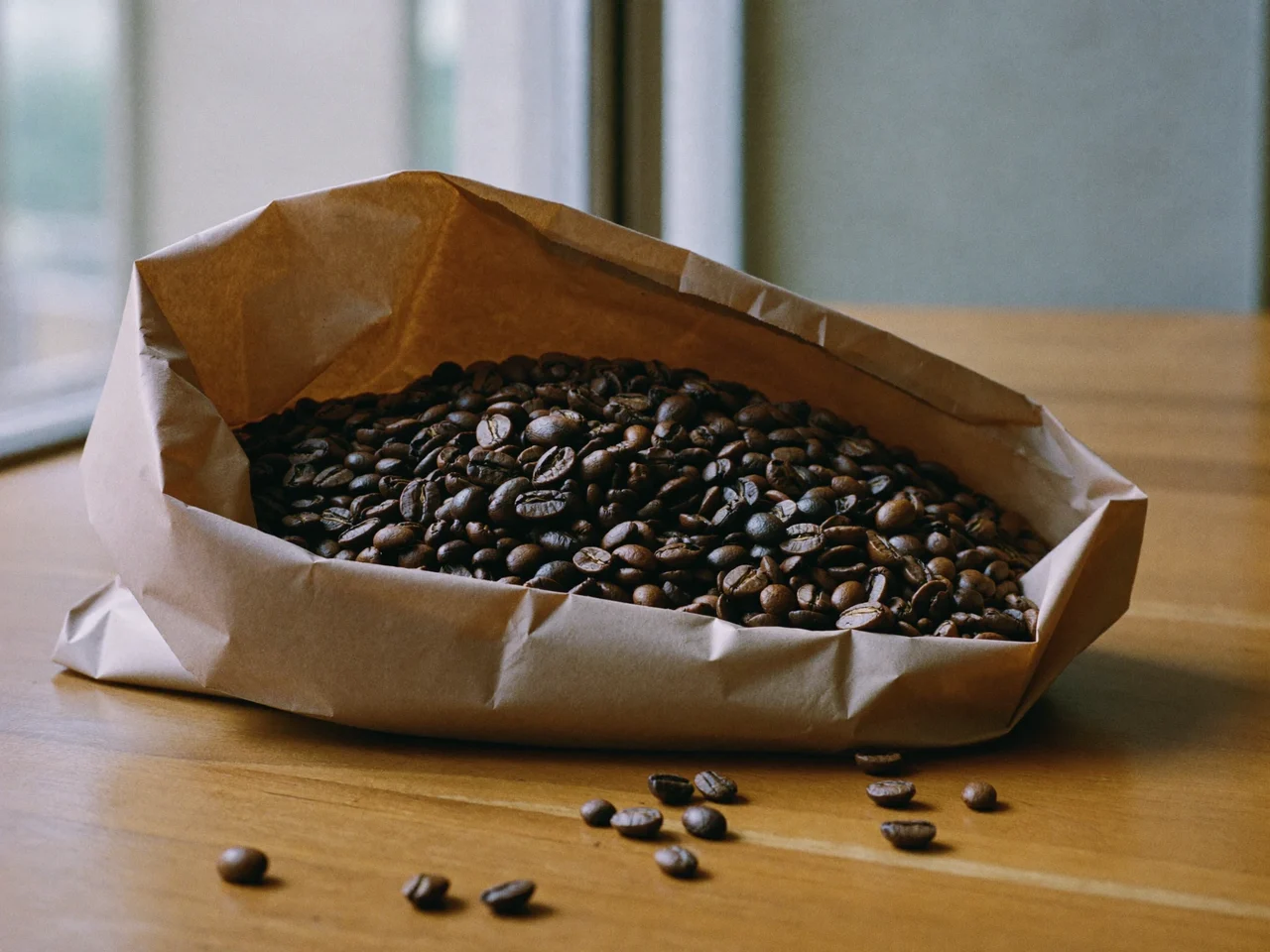 Frisch gerösteter Bohnenkaffee in schlichter Kraftpapiertüte auf einem Holztisch
