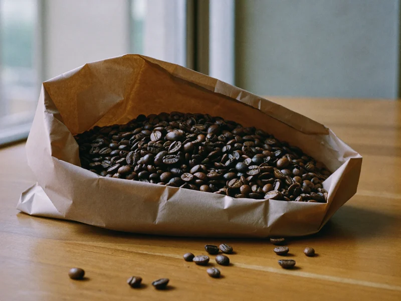 Frisch gerösteter Bohnenkaffee in schlichter Kraftpapiertüte auf einem Holztisch