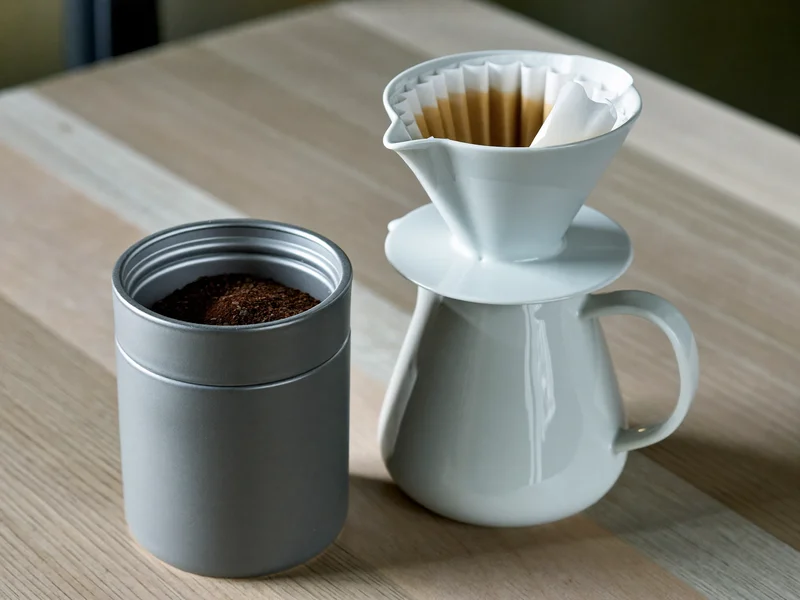 Gemahlener Filterkaffee in matter Dose neben Keramik-Dripper und Papierfilter