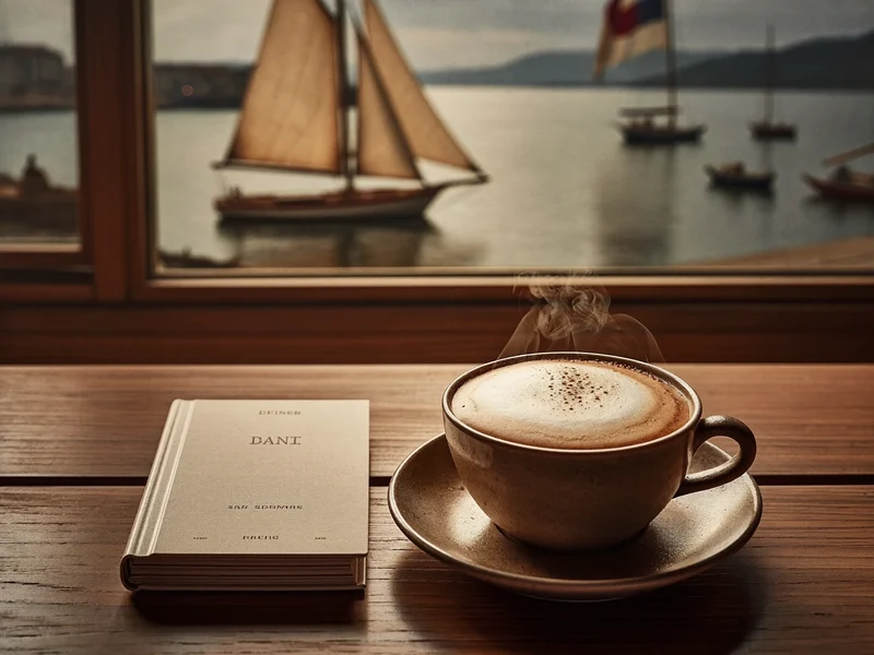 Gemütlicher Fensterplatz mit Cappuccino in Handwerkskeramik und Blick auf den Hafen