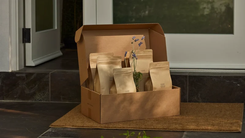Geöffneter Lieferkarton mit neutralen Kaffeetüten und getrocknetem Lavendel an der Haustür